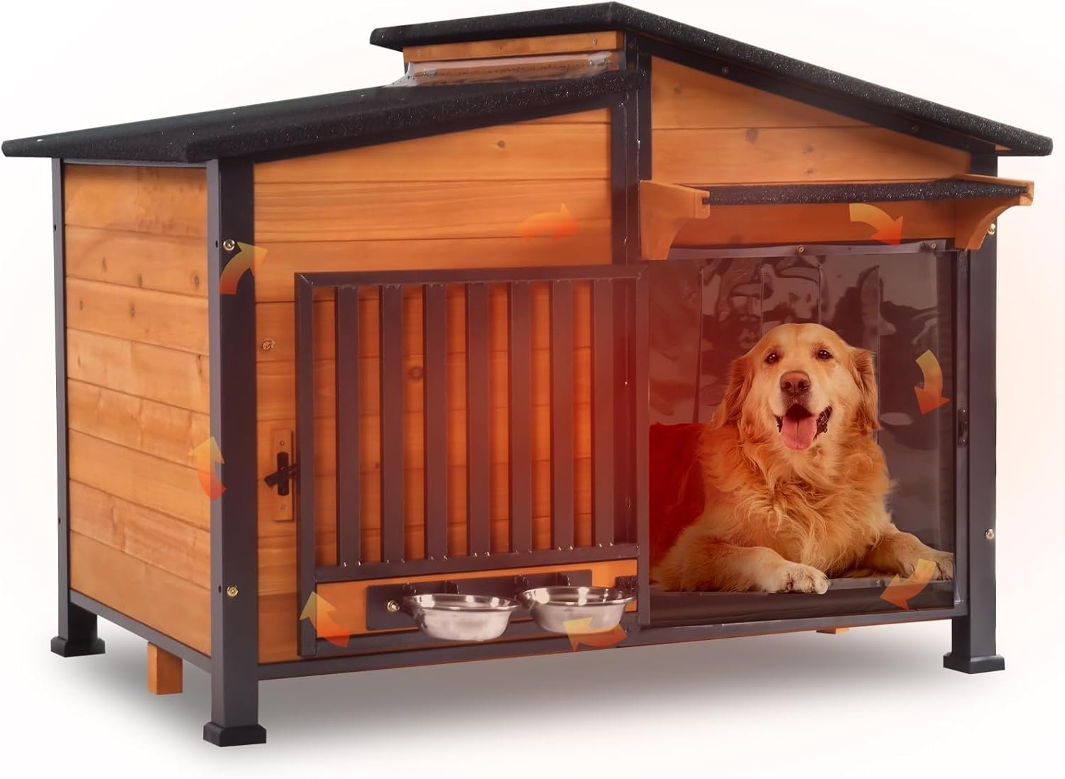 GUTINNEEN Outdoor Dog House Large Insulated Dog Kennel Weatherproof Dog Shelter with Chew-Proof Full Metal Frame, 360° Rotatable Spill-Proof Bowl, Openable Roof, Removable Inner Floor for Dogs