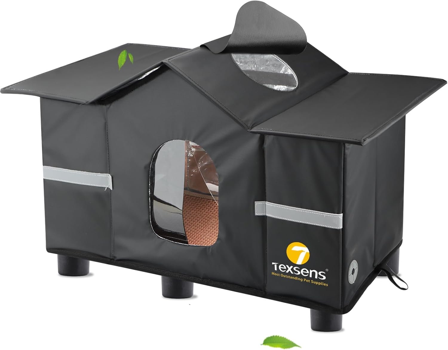 Texsens Outdoor Cat House – Weatherproof Large Cat Shelter for Outside with Roof Window- Insulated Elevated House for Stray/Barn Cats with Cozy Cushion – Ideal Waterproof Feral Cat House