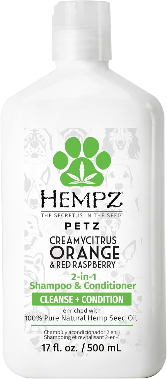 Hempz Petz, Dog Shampoo & Conditioner, Creamy Citrus Orange & Red Raspberry 2 in 1 Herbal Shampoo & Conditioner 17 oz.