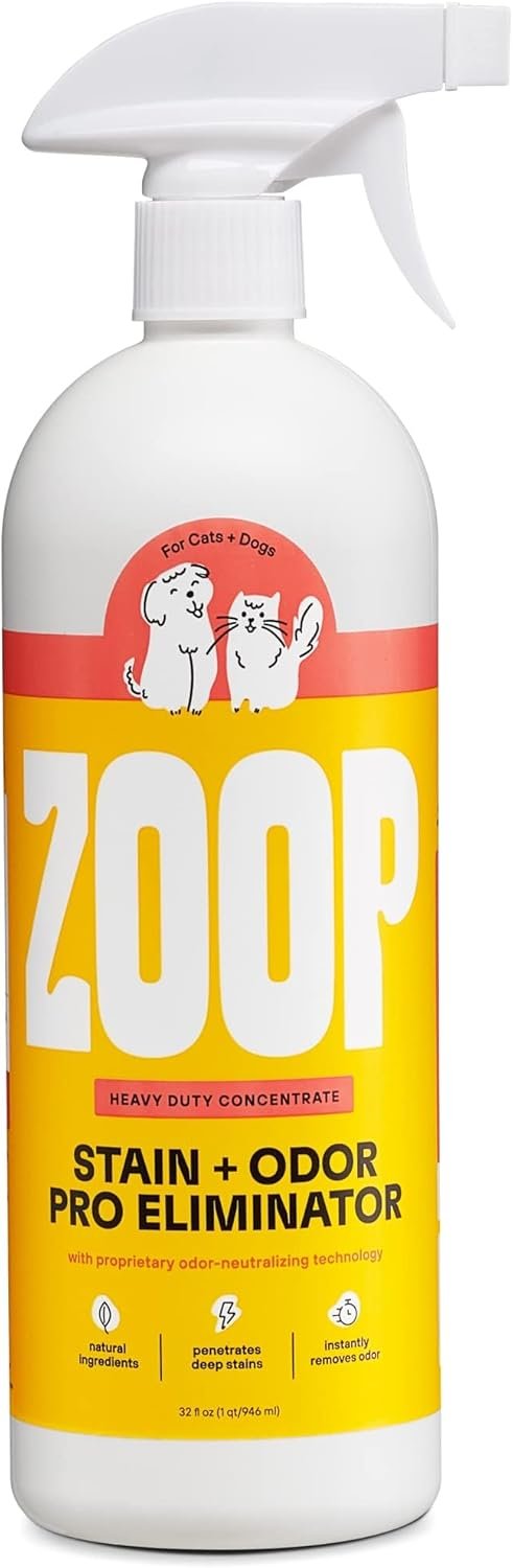 Zoop Pet Stain and Odor Pro Eliminator Spray, Enzymatic Cleaner for Dog Urine, Cat Urine, Safe, Heavy Duty Formula. Removes Pet Urine Odor & Stains, Safe for All Surfaces – 32 oz.