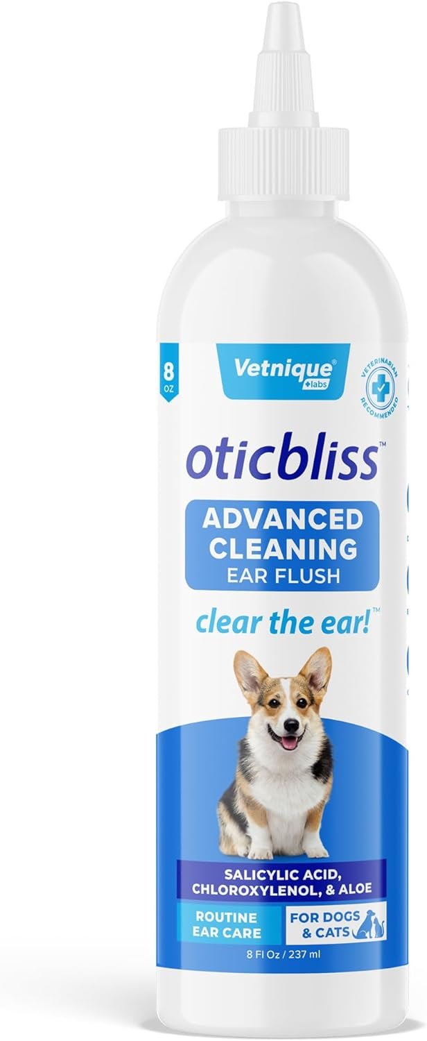 Vetnique Oticbliss Dog Ear Cleaner Flush with Odor Control, Dog Ear Cleaning Solution for Dirt and Wax with Soothing Aloe Dogs & Cats Flush – Vet Recommended for Itchy Ears (8oz, Flush)
