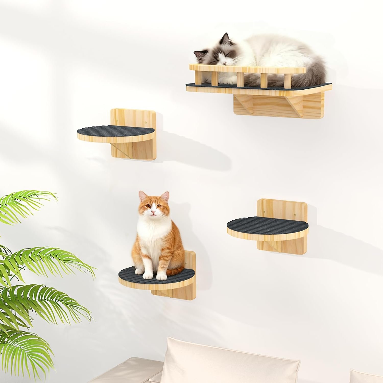 XiaZ Cat Wall Shelves, Cat Wide Climber Shelf with 3 Perch Steps, Kitty Wall Mounted Wooden Furniture up to 25lbs, Durable Floating Cats Stairs for Indoor Sleeping, Playing, Climbing and Lounging