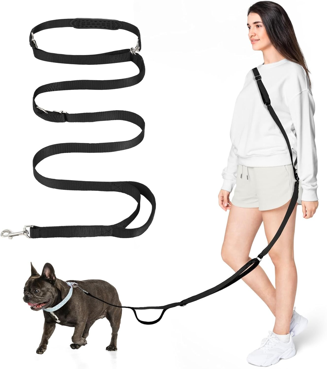Hands Free Dog Leash, 8.5ft Adjustable Hands Free Leash for Medium Dogs, Versatile Handheld Crossbody Waist Lead with 3 Rings, Easy Adjust for Running Jogging Walking, Sponge Handle, Black