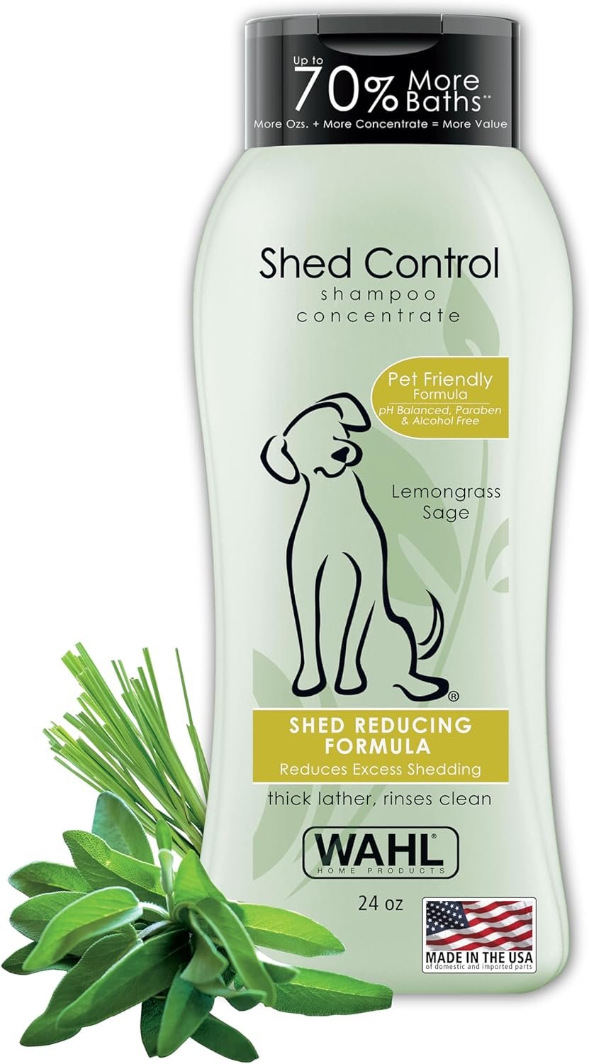 Wahl USA Shed Control Pet Shampoo for Dog Shedding & Dander – Lemongrass & Sage Scent – Contains Oatmeal, & Aloe for Healthy Coats & Moisturized Skin – 24 Oz – Model 820005A