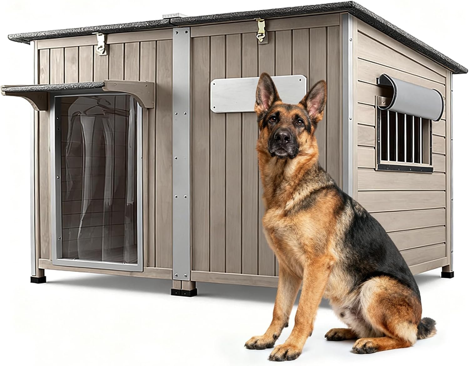 55″L Dog House Outdoor Large Breed Extra XL Wooden Dog House with Weatherproof Asphalt Roof, All-Around Iron Frame, Removable Floor, Openable Top Roof, Air Vents Window for Medium to Large Dogs