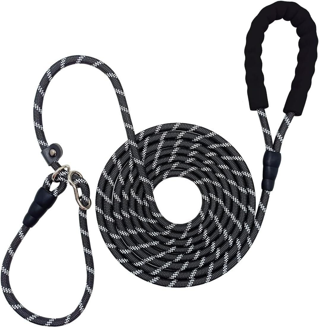 12FT 20FT Anti-Choking Long Training Lead, Reflective 3/8″ Thick Slip Lead Rope Leash with Comfortable Handle, No Pull Leash for Medium Large Dogs (12ft, Black)
