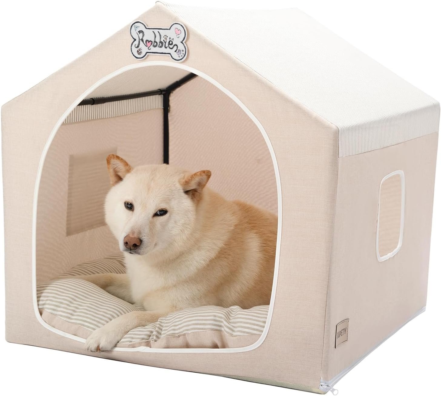 Jiupety Indoor Dog House with Frame, Cute Dog Tent Bed with Cover Cave, Breathable, Washable, and Foldable House, Suitable for 20-40 Lb, Large (25″×25″×25″), Beige