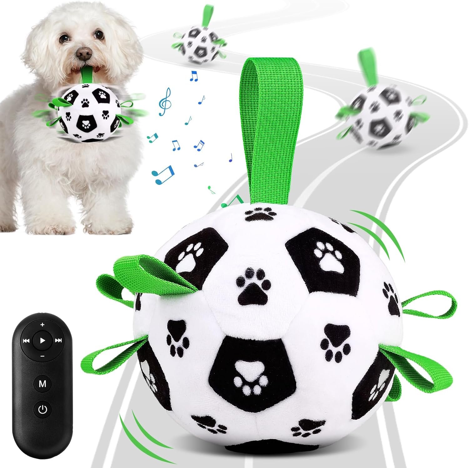 QDAN Interactive Dog Toys, Jumping Squeaky Dog Toys to Keep Them Busy, Music Recording Dog Ball, Moving Dog Soccer Ball with Straps, Remote Control, USB Rechargeable, Puppy Toy