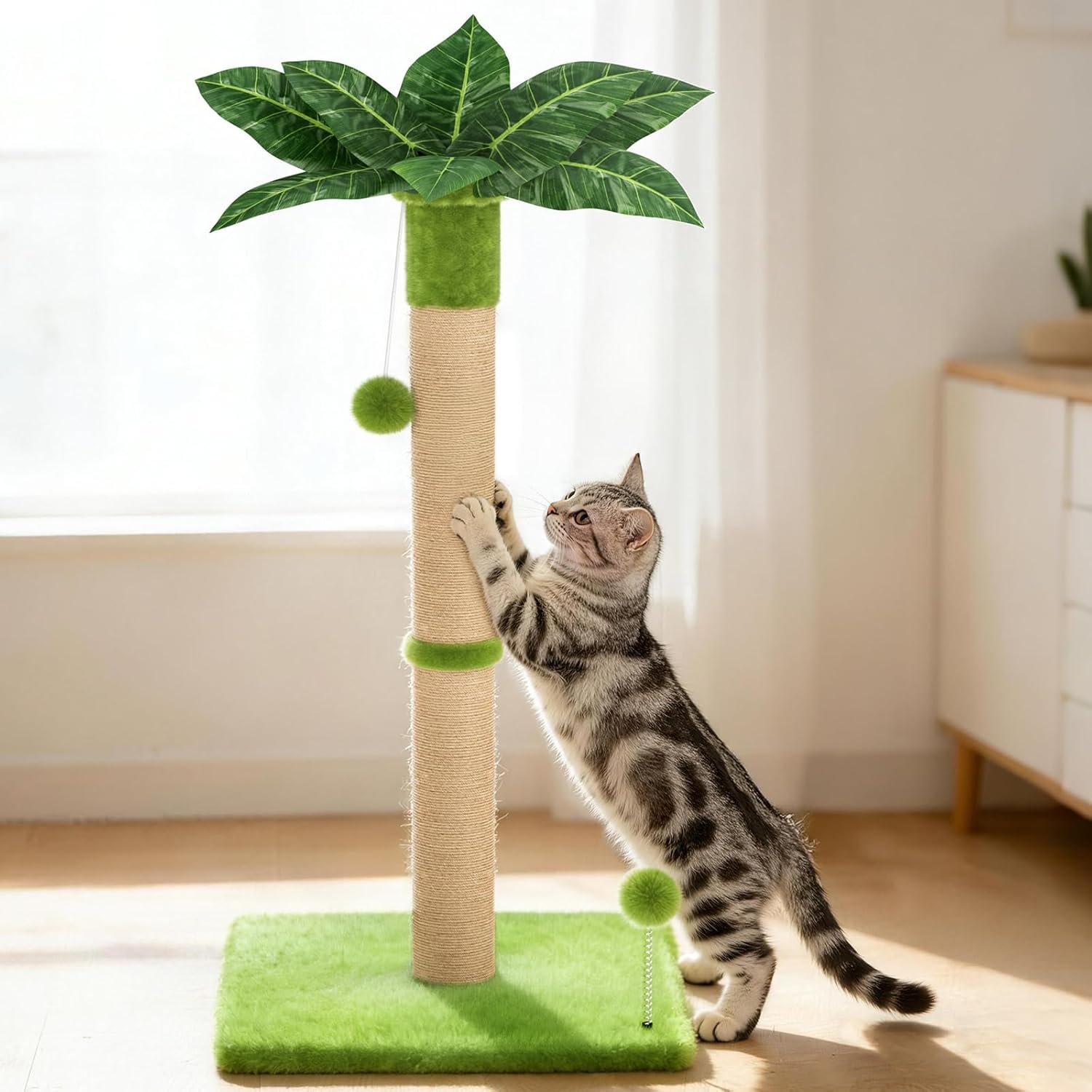XiaZ Cat Scratching Post 34” Tall, Durable Cat Scratch Tree Tower for Indoor Kitty with Extra Wide 15.8″ Stable Base & 2 Toy Balls, Natural Sisal & Plush Fabric for Small, Medium Cats (Green, 2.8in)
