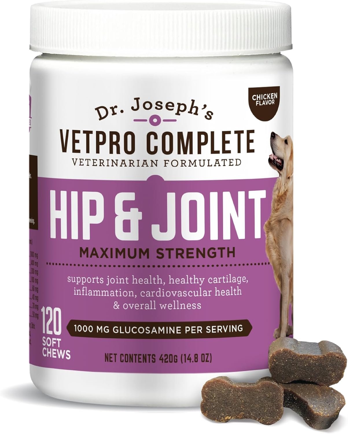 Dr. Joseph’s VetPro Complete Dog Hip & Joint Supplement for Arthritis Pain Relief – High-Strength Glucosamine & Chondroitin Chews for Senior Dogs – Vet Formulated Daily Treats, Chicken Flavor, 120 Ct