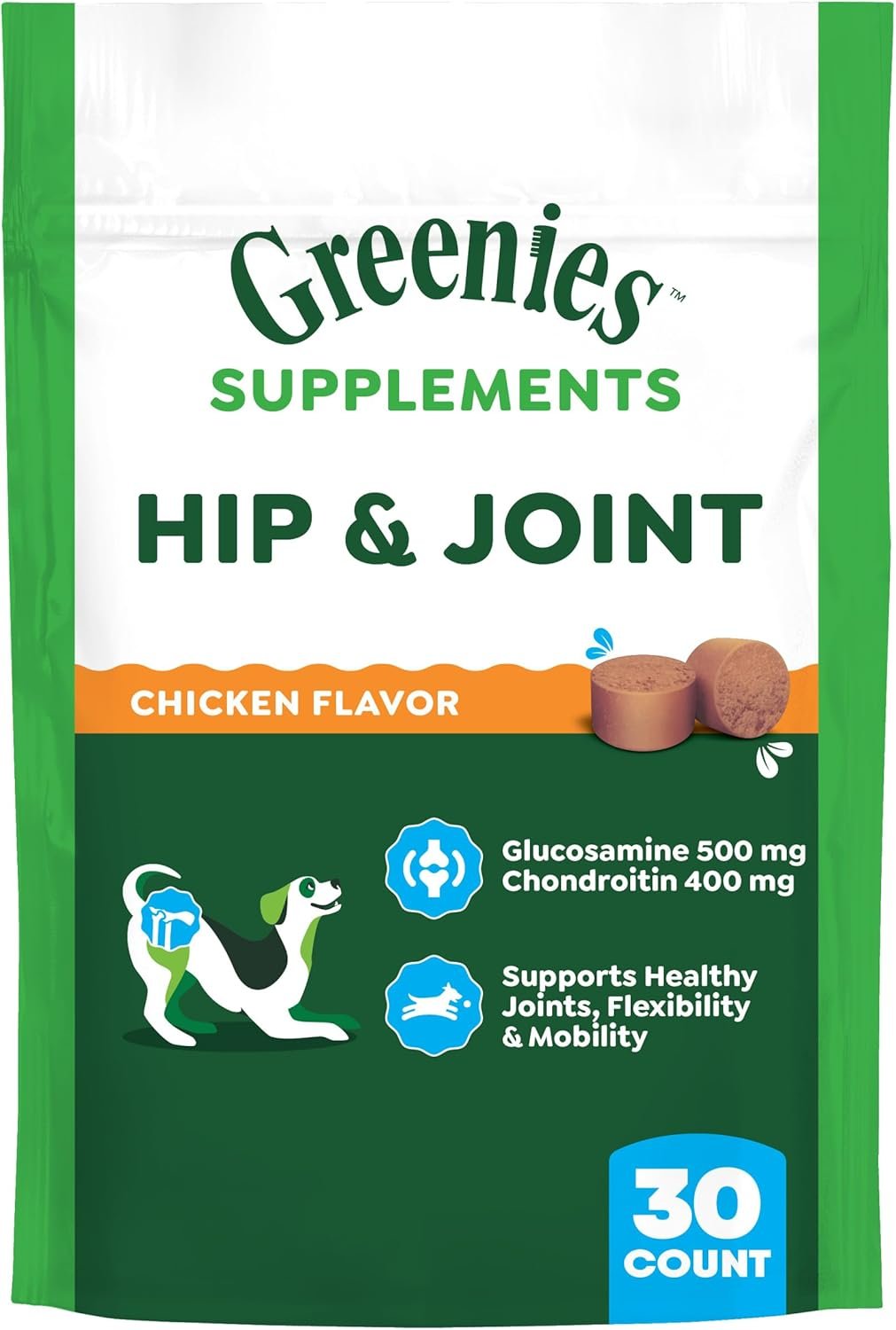 Greenies Supplements Hip and Joint Supplements for Dogs, Chicken Flavor, 6.08 oz. 30-Count