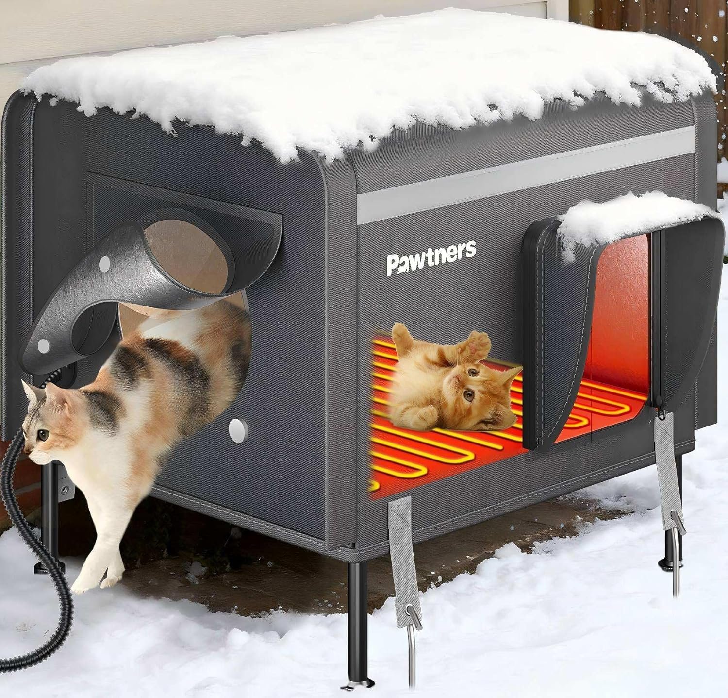 Pawtners Heated Outdoor Cat House for Outside Cats, 19” Large Insulated Weatherproof Cat Shelter with Heated Pad, Elevated Feet & Escape Door, Warm Kitty House for Feral or Stray Cats in Winter