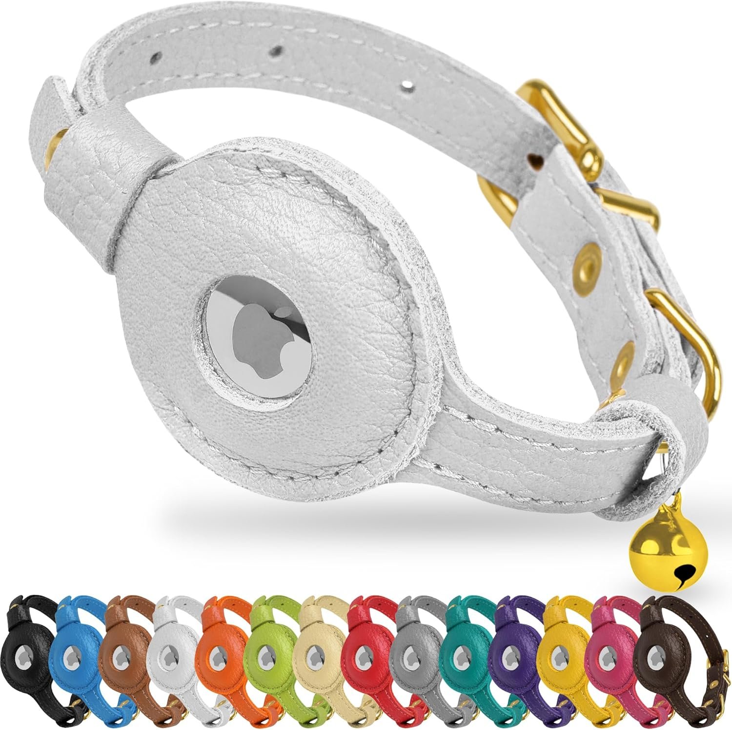 OOPSDOGGY Leather AirTag Cat Collar with Bell – Non Breakaway Kitten Collar with Apple Air Tag Holder – Lightweight GPS Pet Collars for Girl Boy Cats, Small Dogs, Puppies (White)