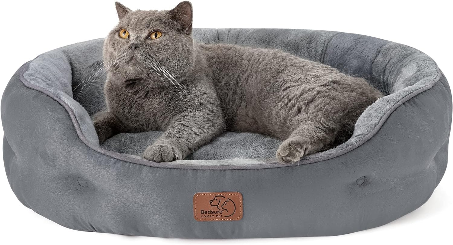 Bedsure Dog Beds for Small Dogs – Round Cat Beds for Indoor Cats, Washable Pet Bed for Puppy and Kitten with Slip-Resistant Bottom, 25 Inches, Grey