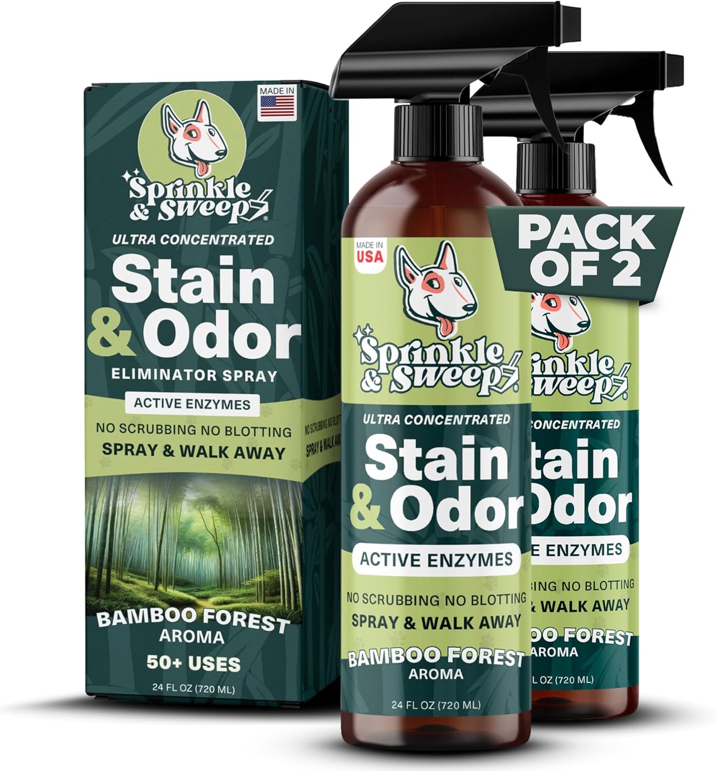 Sprinkle & Sweep Pet Stain and Odor Remover – Super Concentrated Pet Odor Eliminator – No Scrubbing Dog & Cat Urine Enzyme Cleaner Destroyer – Carpet Cleaner for Multiple Surfaces (24 oz Pack of 2)