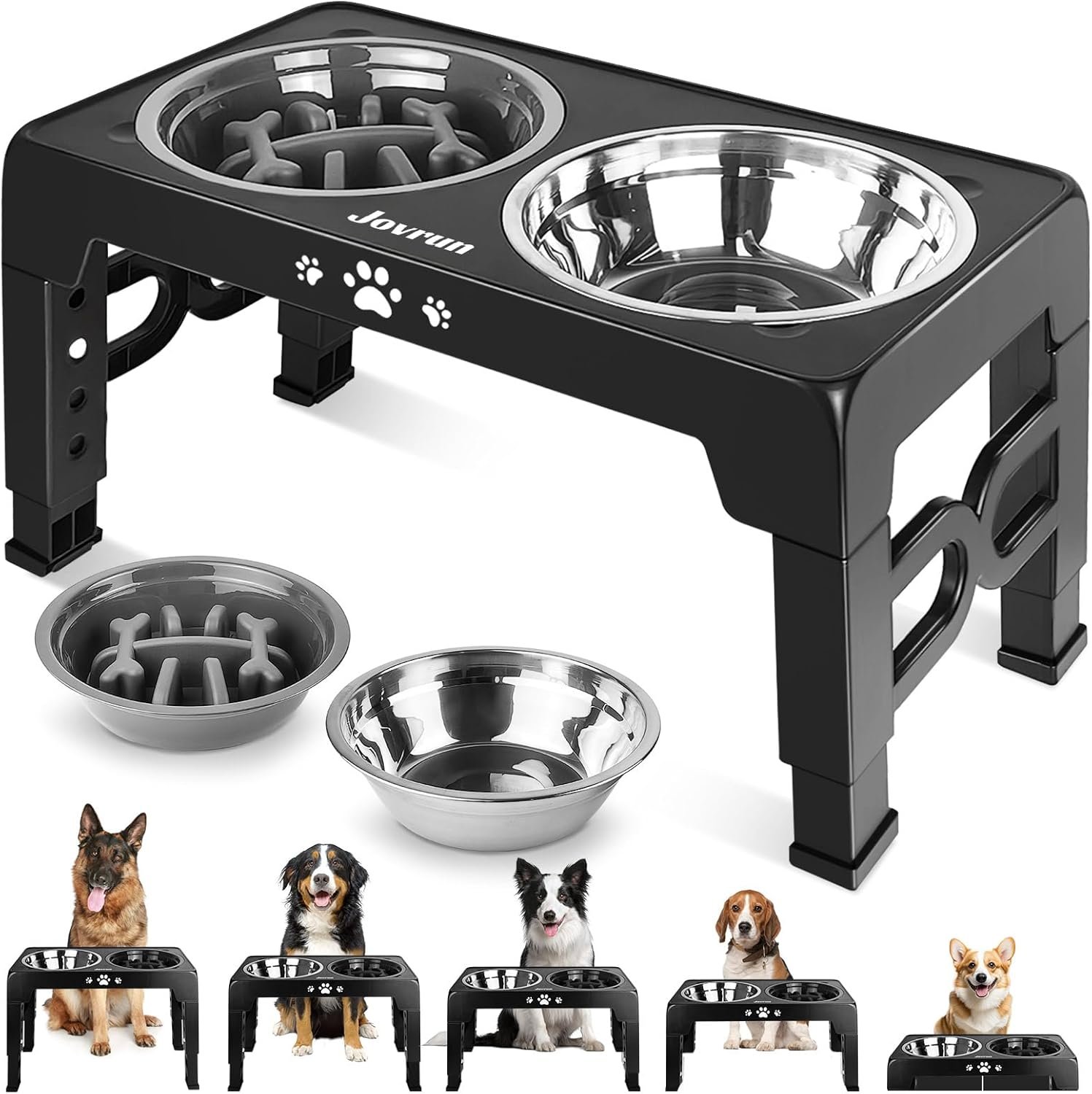 Elevated Dog Bowls, Dog Feeder with 1*Stainless Steel Dishes & 1*Slow Feeder Bowl, 5 Heights Adjustable Raised Stand for Medium Large, Food Dishes with Non-Slip Feet
