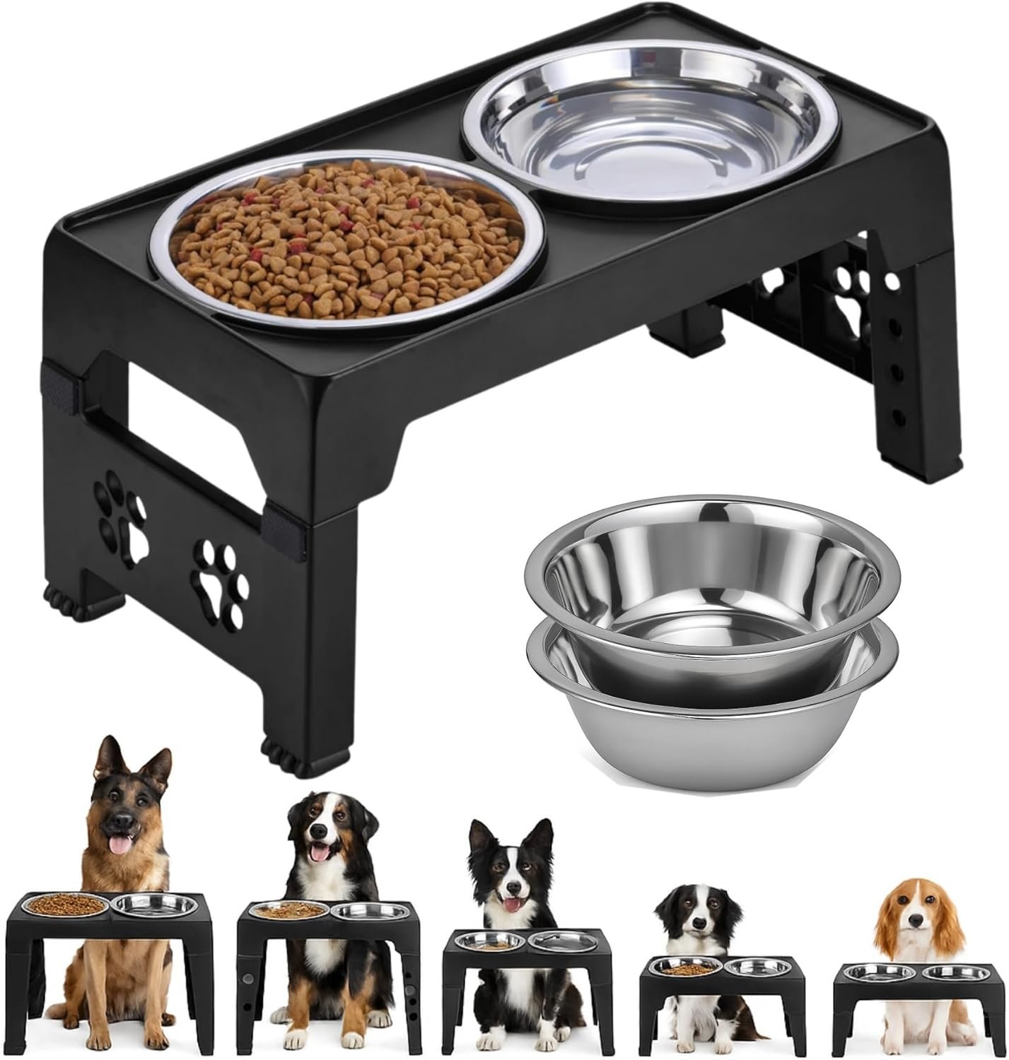 Elevated Dog Bowls, Raised Bowl with 2 Stainless Steel Food Bowls, Dog Bowls Stand Adjusts to 5 Heights 2.95″, 8.46″, 9.65″, 10.82″, 12.01″ for Small Medium Large Cats Pets,Black