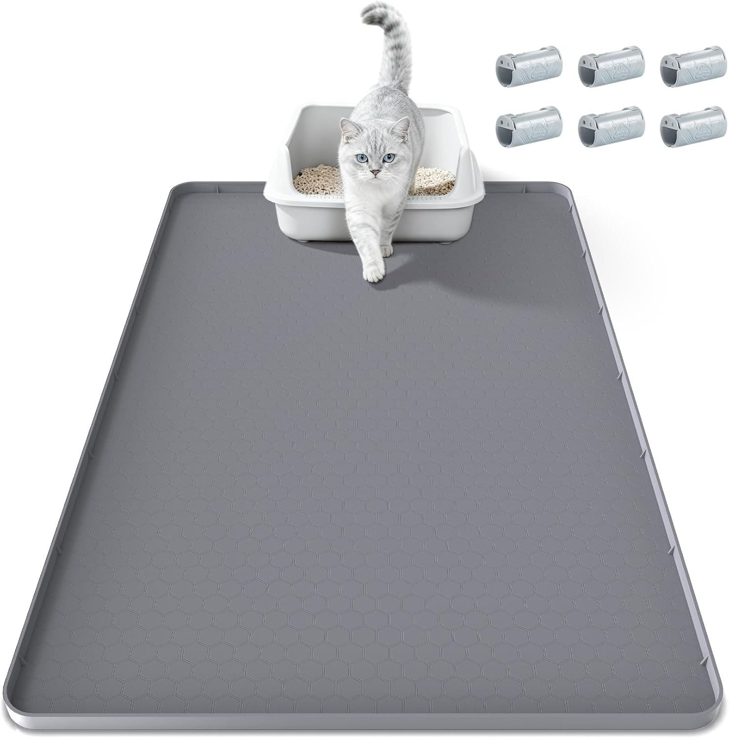 Cat Litter Mat 34″ X 22″, Cat Litter Box Mats Waterproof Silicone Pad for Floor Pee Pad Tray Holder with Complimentary 6 Clamps