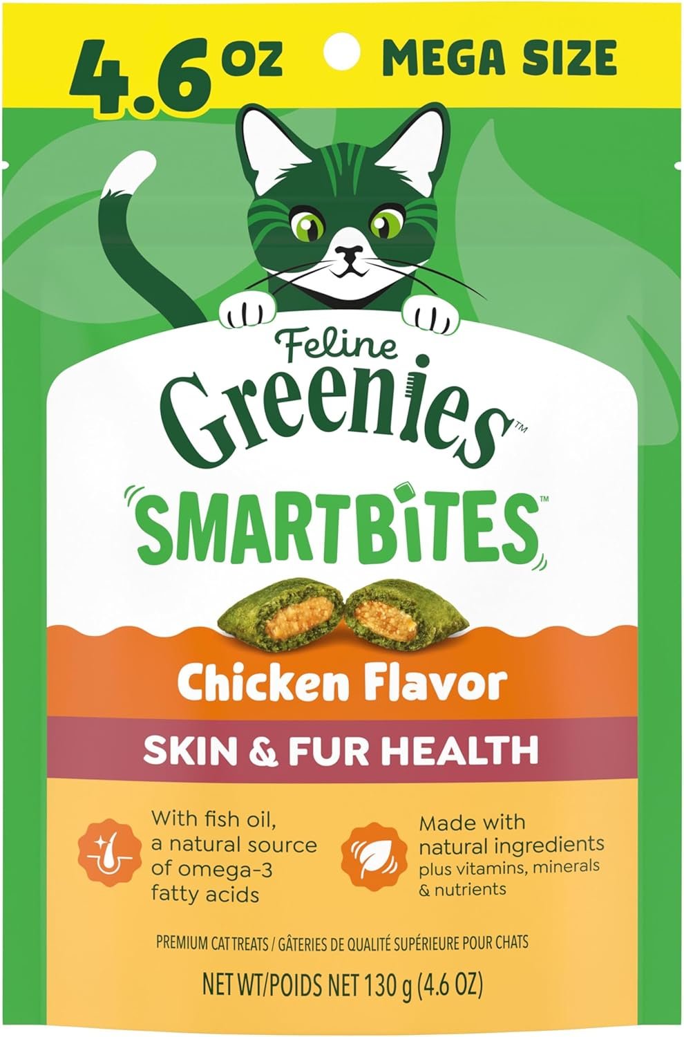 Greenies Cat Treats, Feline Smartbites, Skin & Fur Health, Crunchy and Soft Cat Treats, Chicken Flavor, 4.6 oz. Pack