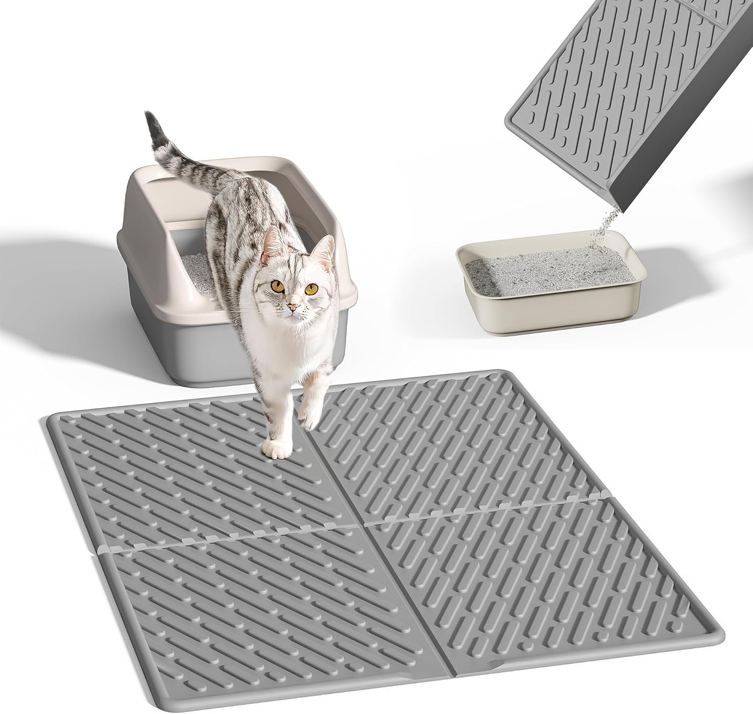 Pieviev Cat Litter Box Mat, 31″x 24″ EVA Scratch Resistant Litter Trapping Mat, Easy Clean for Scatter Control, Soft on Kitty Paws, Waterproof & Urine Proof for Indoor Use, Gray