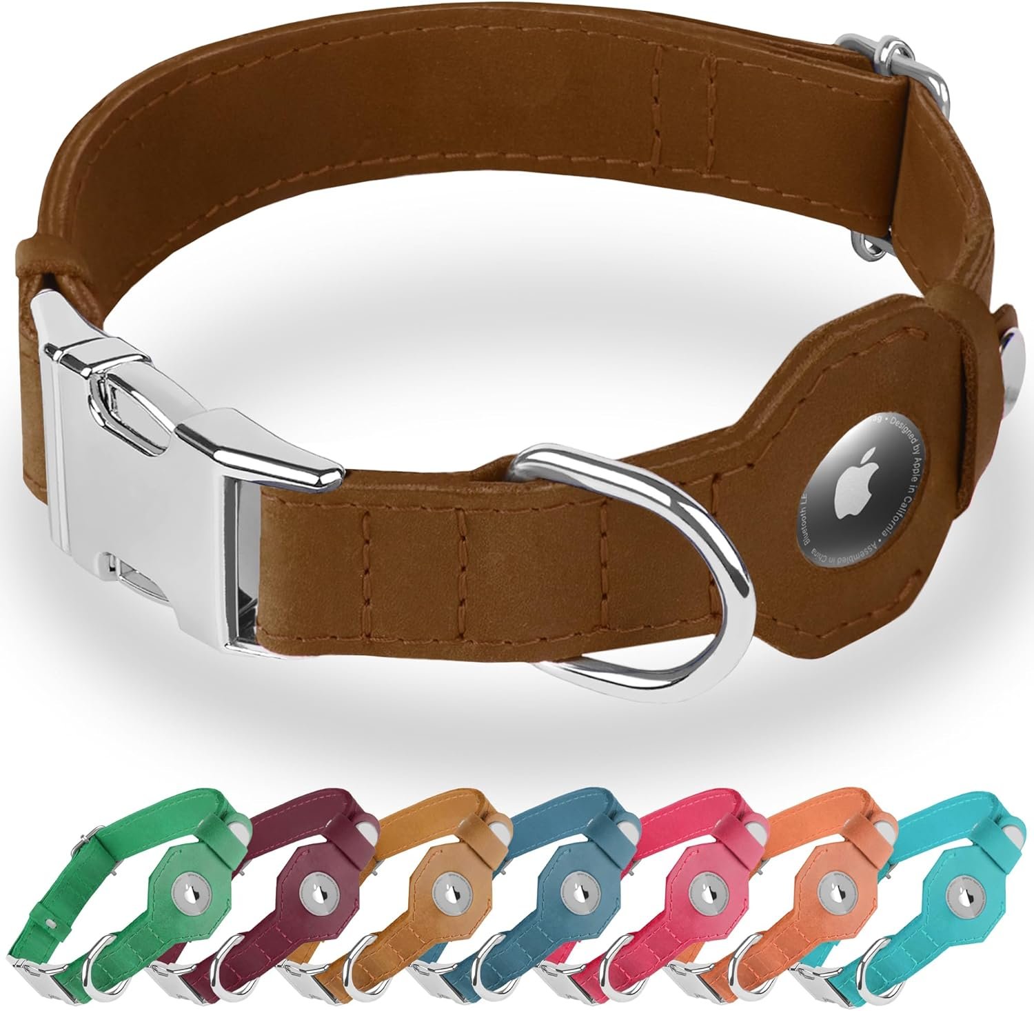 Leather Dog Collar with Airtag Holder – Soft Adjustable Airtag Dog Collar with Metal Buckle – GPS Tracking Apple Air Tag Pet Collar for Small Large Dogs (Brown, XL, 20″-25″ Neck Fit)