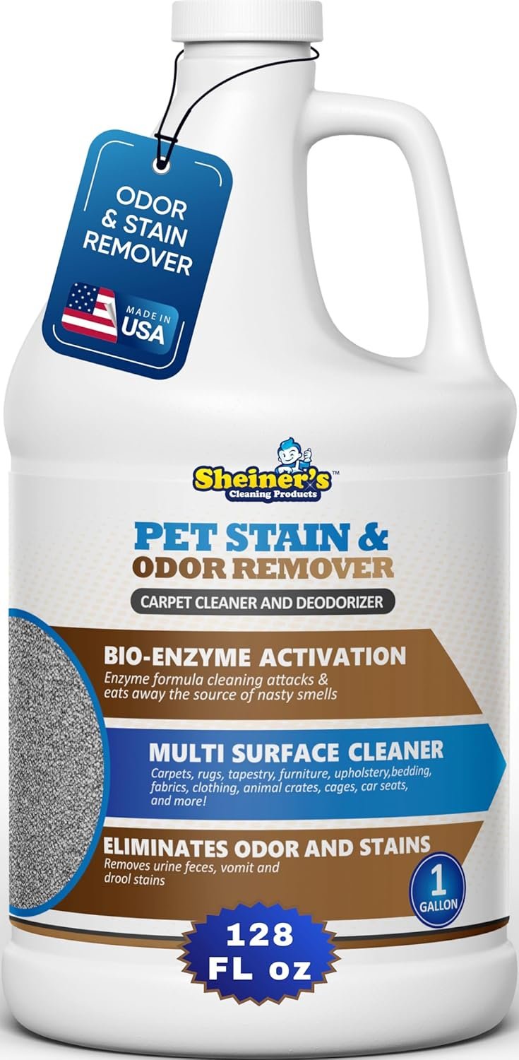 Sheiner’s Pet Urine Enzyme Cleaner & Pet Stain & Odor Remover, Advanced Enzymatic Cleaner Solution for Carpets, Rugs, Upholstery & Multi-Surfaces, Safe for Pets & Kids. (128 oz)