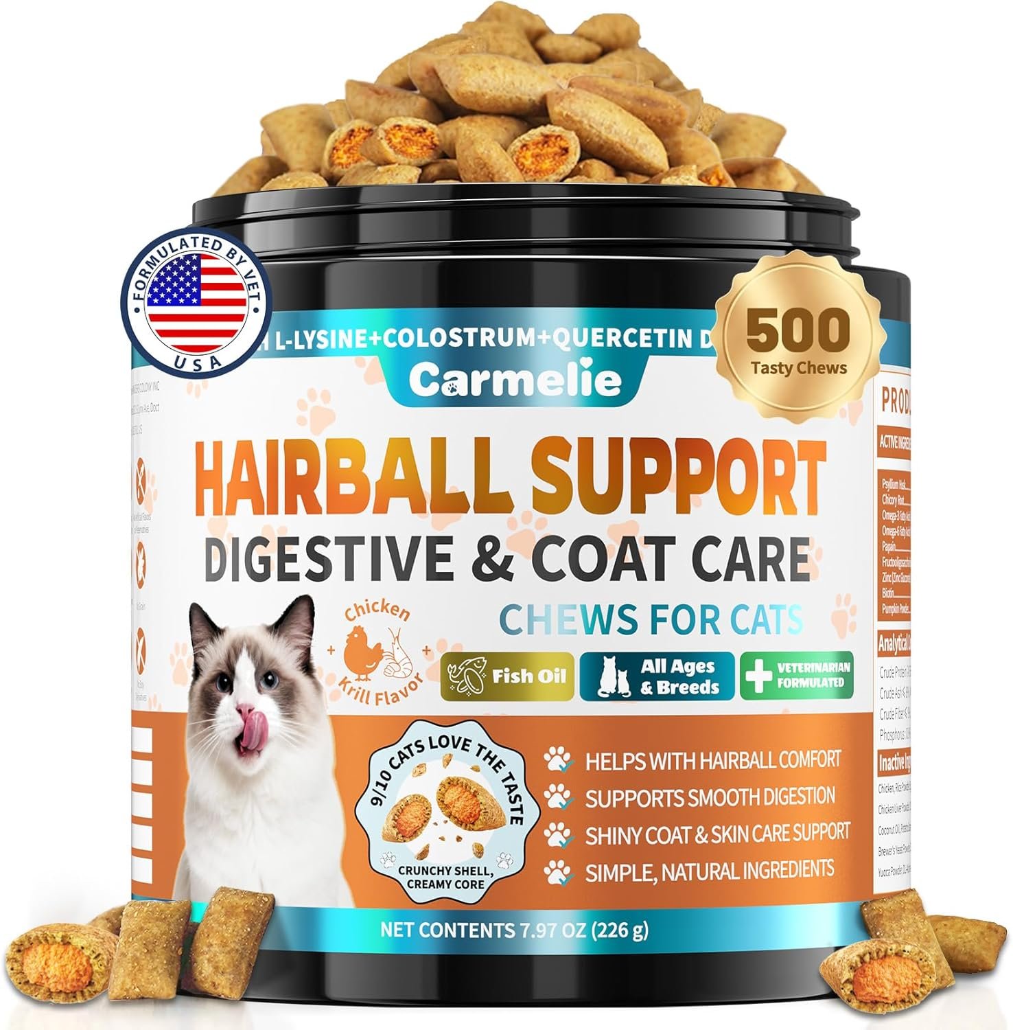 Cat Hairball Support Chews – 500 Crunchy & Creamy Texture Hairball Treats for Cats – Texture Indoor Feline Digestion Formula, Hairball Control & Cat Digestion Support, Chicken & Krill Flavor