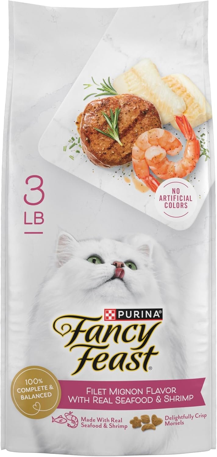 Purina Fancy Feast Dry Cat Food Filet Mignon Flavor with Seafood and Shrimp – 3 lb. Bag