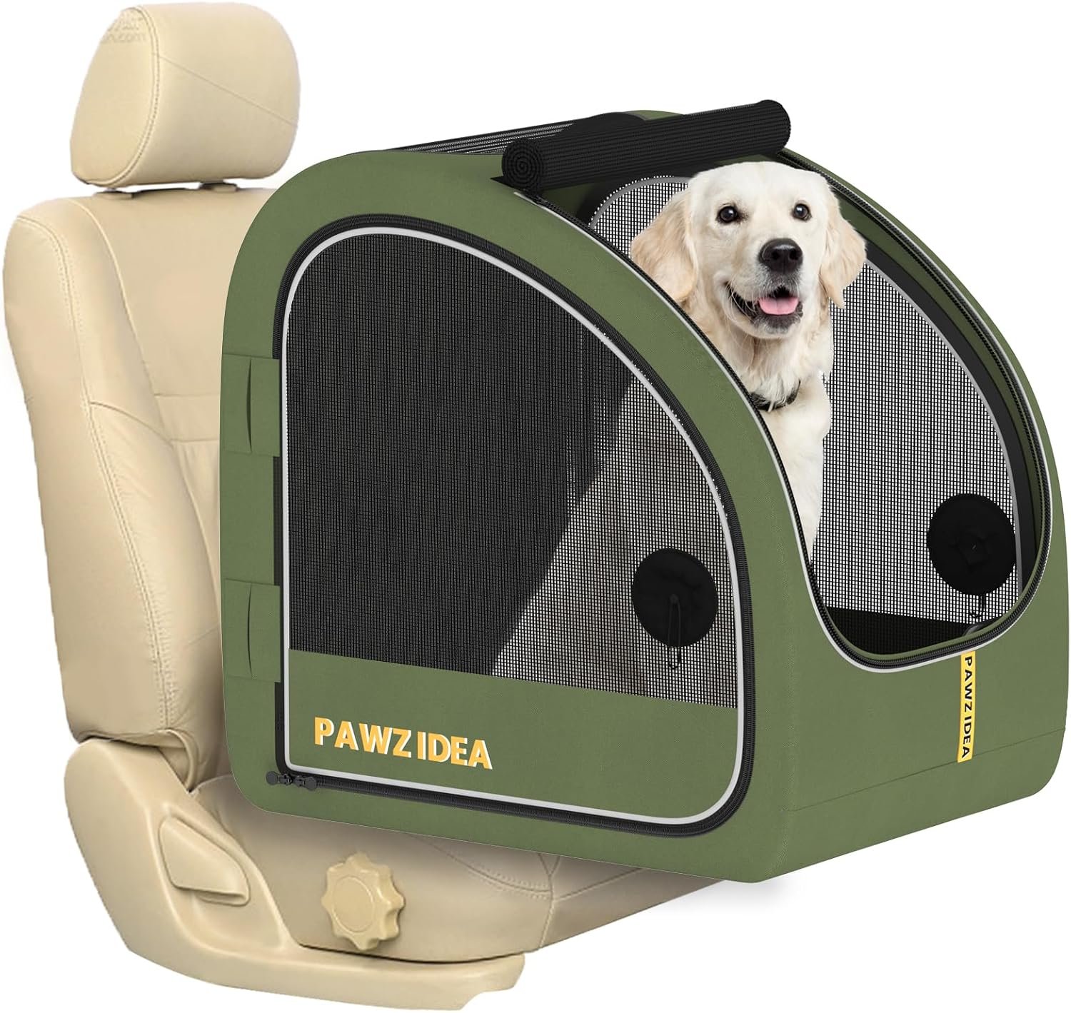 PAWZIDEA Portable Dog Crate for Car Travel, Collapsible Pet Travel Crates for Medium & Large Dogs Up to 80lbs, Enclosed Soft-Sided Car Kennel Carrier for Backseat, Secures w/Seatbelt & Headrest Strap