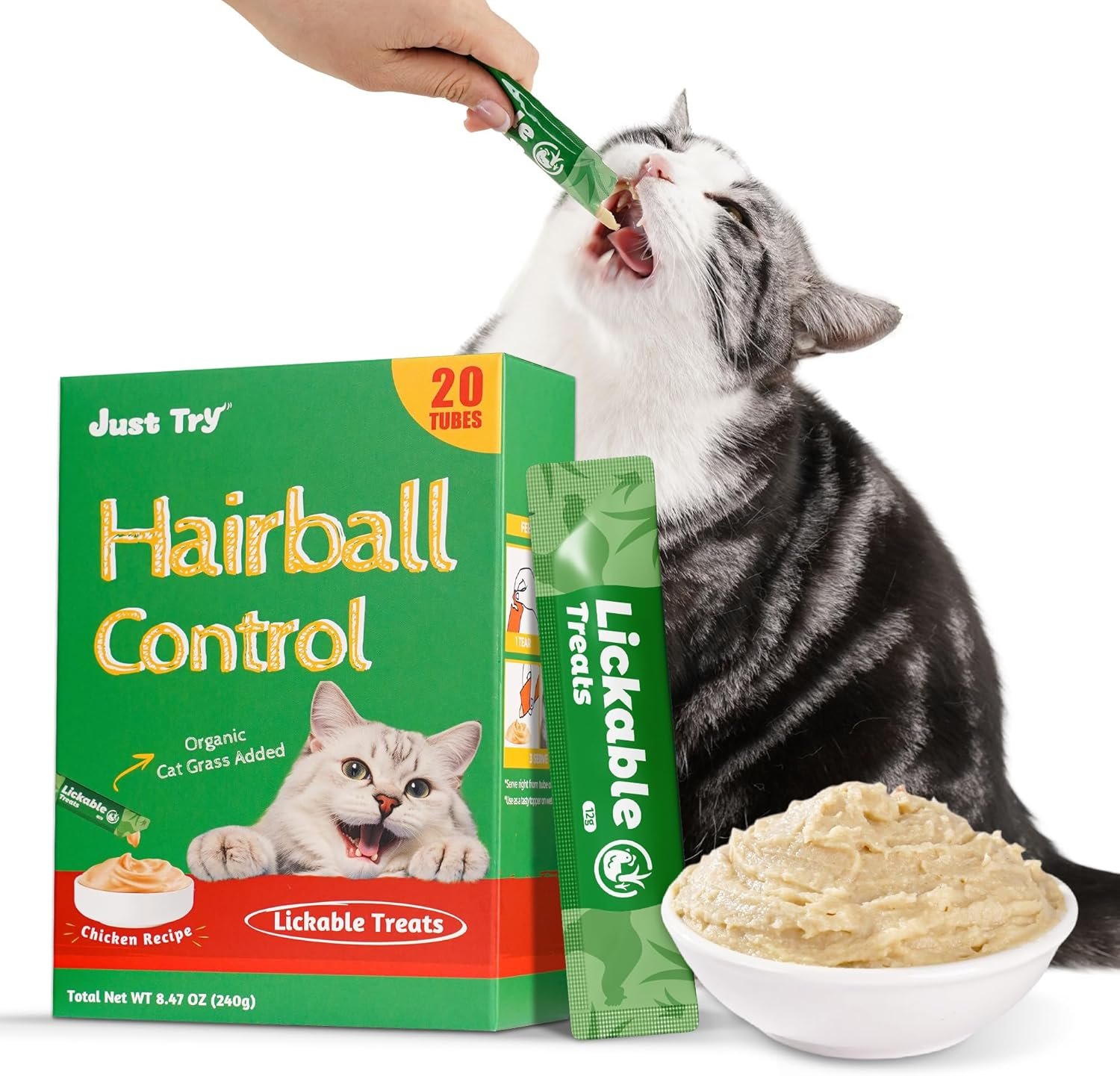 Just Try 20 Tubes Creamy Lickable Cat Treats, Healthy Cat Grass Treats, Hairball Control Relief Functional with Taurine & Vitamin E for Cats