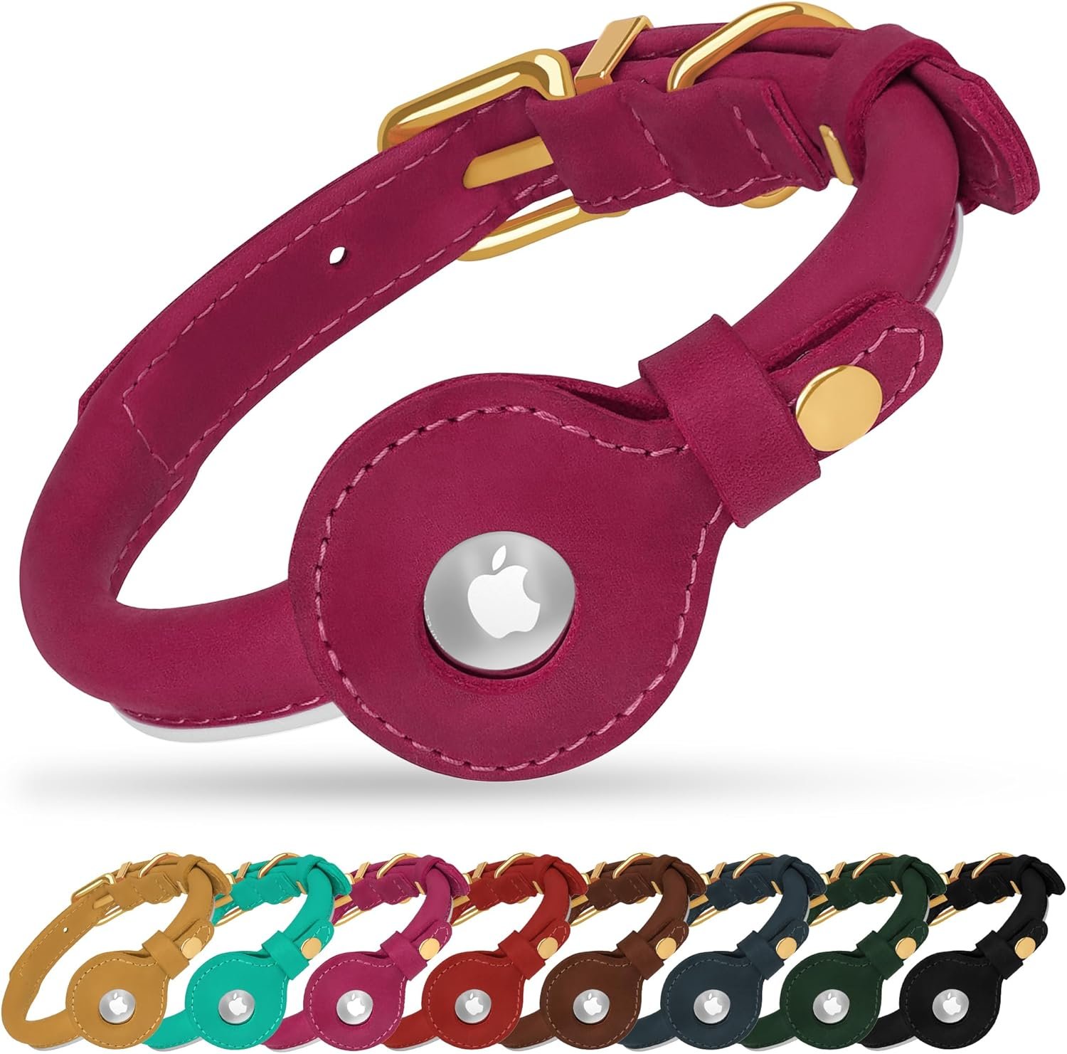 OOPSDOGGY Rolled Leather Dog Collar with Airtag Holder – Reflective Round Airtag Dog Collar – Soft Tracking Pet Collar for Small Dogs Puppy Cats Kitten (Pink, S, 10″-13″)