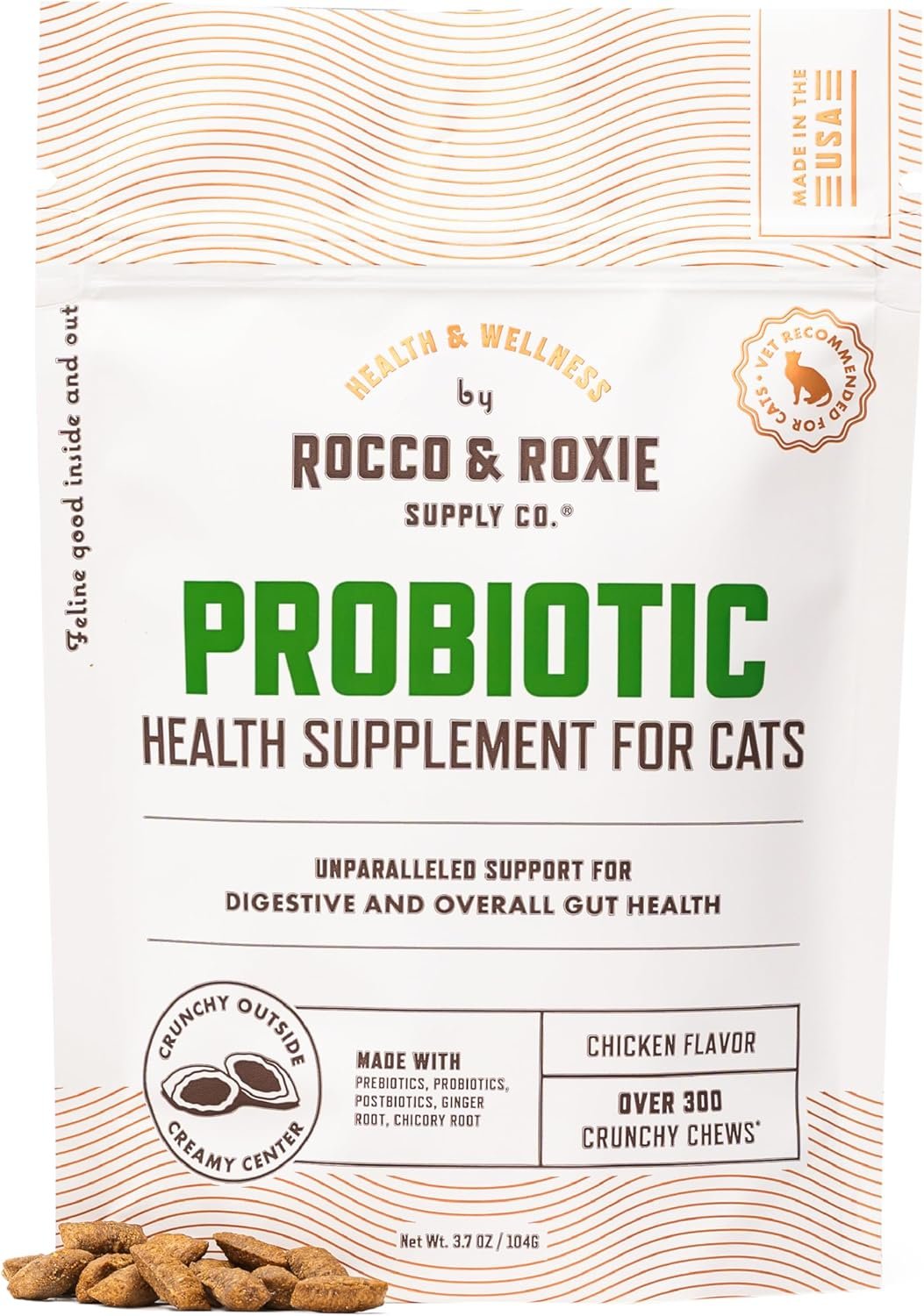 Rocco & Roxie Cat Probiotics, Health Supplement for Cats, Prebiotic & Postbiotic for Digestive + Gut Support, Constipation Relief, Anti Diarrhea, Supplements & Vitamins, Chicken Flavored Crunchy Chews