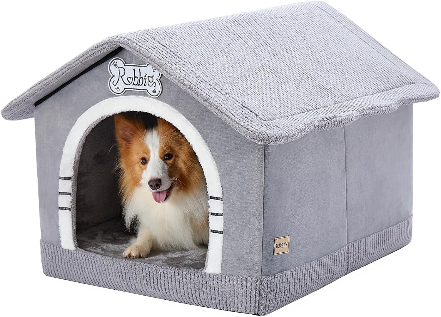 Jiupety Indoor Dog House with Frame, Large Dog Cave Bed, Insulated Cozy, Suitable for 25-60 lb, Large Plus (30″×26″×25″), Gray