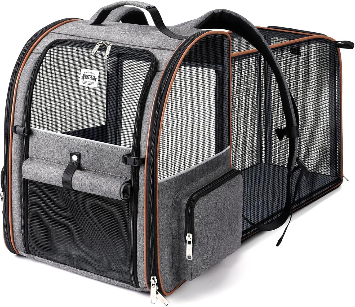 Lekebobor Cat Carrier Backpack, Expandable Pet Carrier with Sun Shade & Full Front Opening, Breathable Mesh Backpack for Small Dogs & Medium Cats Up to 18 Lbs, Foldable for Hiking, Camping (Grey)
