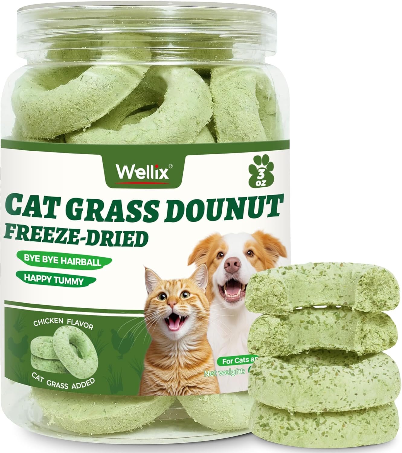 Wellix Cat Grass Treats Freeze-Dried Donut for Cats & Dogs – Hairball Control,Gut Health for Dental Cat Treats – Natural Teeth Cleaning for Kittens Training Snacks Chicken Formula 3oz