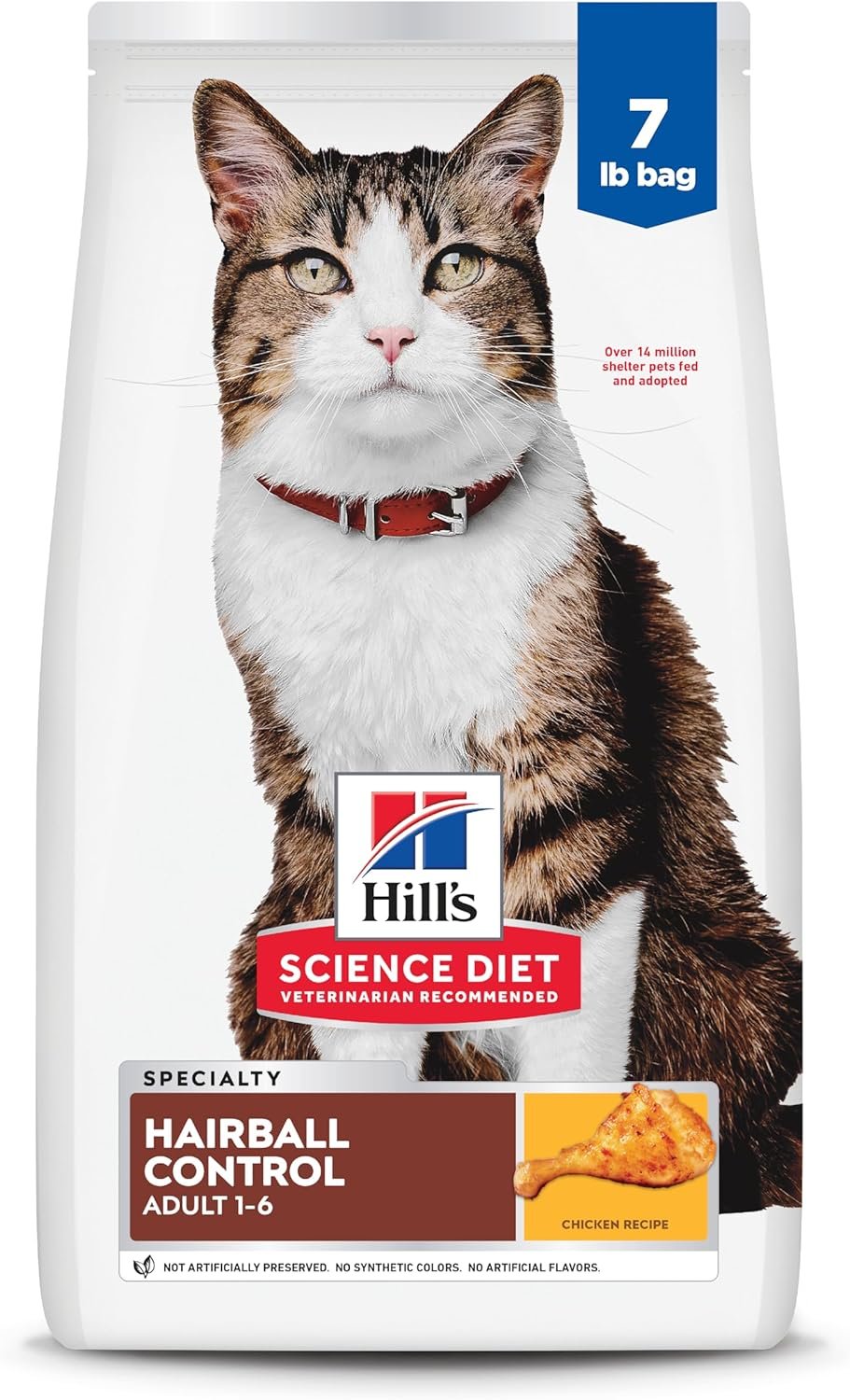 Hill’s Science Diet Hairball Control, Adult 1-6, Hairball Control Support, Dry Cat Food, Chicken Recipe, 7 lb Bag